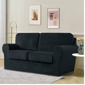 5-Piece Velvet Black Sofa Cover, 2 Seater Couch Slipcover Loveseat Style